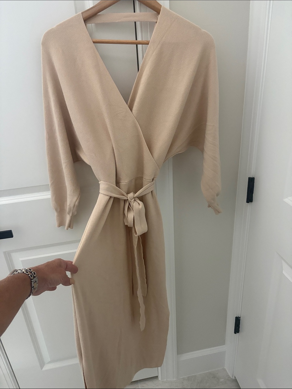 Amazon Neutral Beige Wrap-Front Long Sleeve Tie Waist Dress